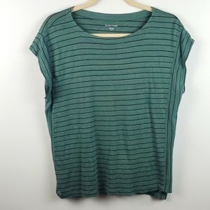 Eileen Fisher Linen Green and Black Striped Cap Sleeve Top